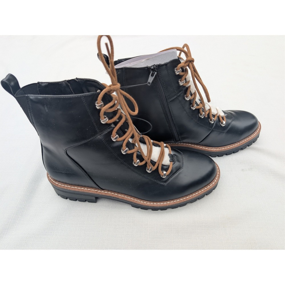 Universal Thread Womens Black Faux Fur Trim Lace Up Combat Boots Side Zip Sz 12